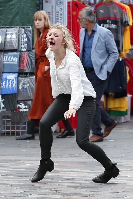 “Thrones” star, english actress Natalie Dormer is spotted in character filming for new thriller “In Darkness” with Ed Skrein (not pictured) on the streets of London, England, UK on September 12, 2016. Natalie was filming an action packed scene which left her with a bloody nose. In the film Natalie plays a blind musician that hears a murder being committed. Ed Skrein, the bad guy in smash hit Deadpool, co-stars in the scene. (Photo by FameFlynet UK)