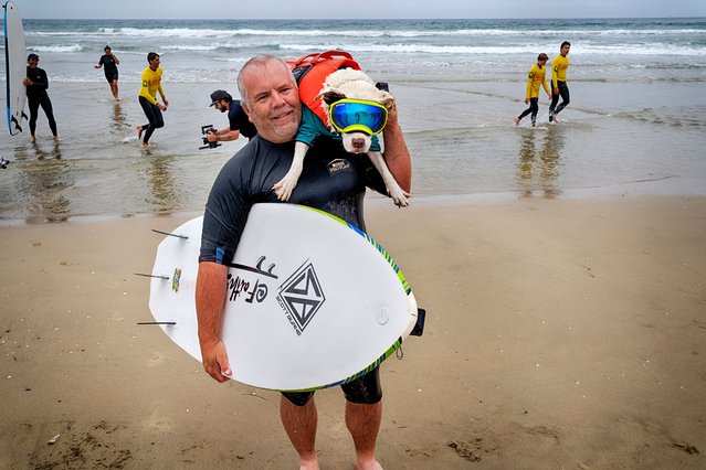 James Will carries his dog Faith, a 13-year-old partially blind and deaf American pit bull terrier, after competing in the annual Incredible Dog Challenge western regional surfing competition in Huntington Beach, Calif., Friday, June 20, 2025. (Photo by Richard Vogel/AP Photo)
