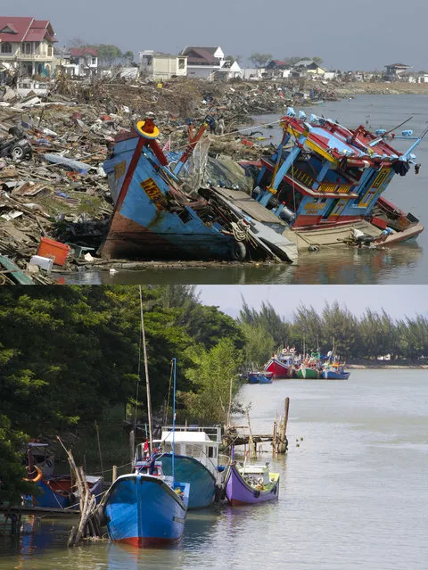 TOP IMAGE: The scene of devastation on the Sungai Krueng river after the Tsunami in Banda, 150 miles from southern Asia's massive earthquake's epicenter on Tuesday January 6, 2005 in Banda Aceh, Indonesia. BOTTOM IMAGE: Boats are docked on the Sungai Krueng river prior to the ten year anniversary of the 2004 earthquake and tsunami on December 12, 2014 in Banda Aceh, Indonesia. (Photo by Stephen Boitano/Barcroft Media)