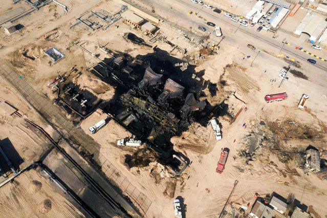 A drone view shows the aftermath of an oil pipeline fire at Zubair oilfield in Basra, Iraq, on October 28, 2025. (Photo by Essam Al-Sudani/Reuters)
