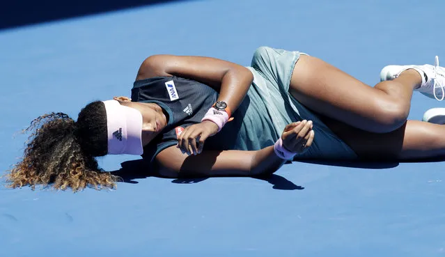Japan's Naomi Osaka falls during her third round match against Taiwan's Hsieh Su-Wei at the Australian Open tennis championships in Melbourne, Australia, Saturday, January 19, 2019. (Photo by Kin Cheung/AP Photo)