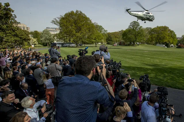Marine One with President Donald Trump aboard, departs the South Lawn of the White House, Thursday, April 18, 2019, for a short trip to Andrews Air Force Base, Md. President Trump is traveling to his Mar-a-lago estate to spend the Easter weekend in Palm Beach, Fla. (Photo by Andrew Harnik/AP Photo)