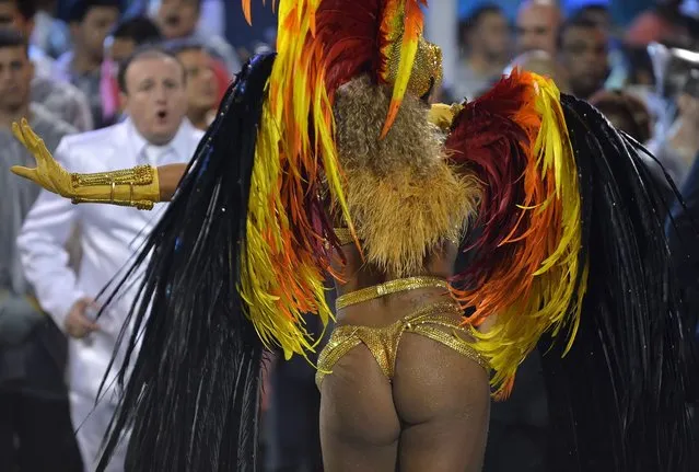 A reveler of the Vai-Vai samba school performs during the first night of carnival parade at the Sambadrome in Sao Paulo, Brazil on March 01, 2014. (Photo by Nelson Almeida/AFP Photo)