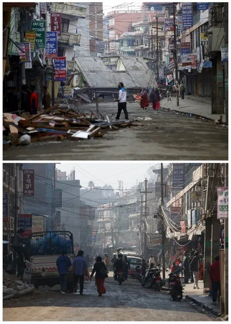 A combination picture shows people walking along a deserted road near a collapsed house after an earthquake April 29, 2015 (top) and the same location in Kathmandu, Nepal February 17, 2016. (Photo by Navesh Chitrakar/Reuters)