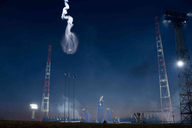In this photo released by Russian Defense Ministry Press Service on Friday, May 17, 2024, a Soyuz-2.1b rocket carrying spacecrafts of the Russian Defense Ministry flies in the sky after the launch from a launch pad of Plesetsk Cosmodrome outside Plesetsk, northern Russia. (Photo by Russian Defense Ministry Press Service photo via AP Photo)
