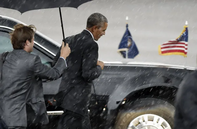 President Barack Obama jogs back to his limo in the heavy rain after he arrived, Wednesday, July 1, 2015, in Nashville, Tenn. The president is scheduled to speak at an elementary school regarding the Affordable Care Act. (Photo by Sanford Myers/AP Photo)