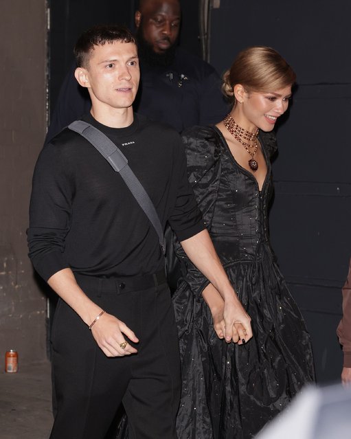 American actress and singer Zendaya holds hands with boyfriend Tom Holland are seen leaving The Duke of York's Theatre after a 'Romeo and Juliet' press night on May 23, 2024 in London, England. (Photo by Ricky Vigil M./Justin E. Palmer/GC Images)