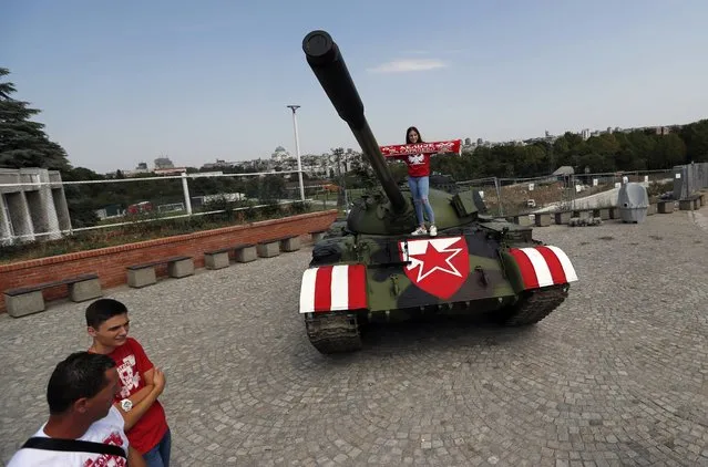 Former Yugoslav army T-55 battle tank seen in front of northern grandstand of Rajko Mitic stadium in Belgrade, Serbia, Tuesday, August 27, 2019, placed as a gesture of support for the Red Star team. The decommissioned Yugoslav army tank once used during the bloody breakup of former Yugoslavia in 1990s, has been parked in front of the Red Star stadium before Tuesday's Champions League qualifier against Swiss champion Young Boys. (Photo by Darko Vojinovic/AP Photo)