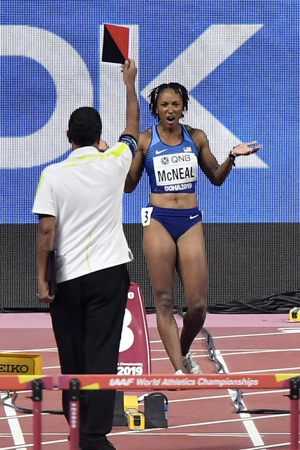 Brianna Mcneal, of the United States, is disqualified after a false start in the women's 100 meter hurdles heats during the World Athletics Championships in Doha, Qatar, Saturday, October 5, 2019. (Photo by Martin Meissner/AP Photo)