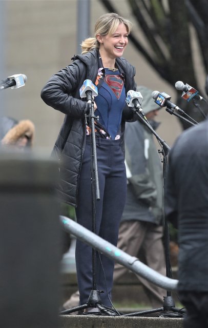 Melissa Benoist is spotted for the first time since speaking out on her IPV experience in Vancouver, Canada on December 2, 2019. She filmed a scene in the rain where her character reveals to the public that she is Supergirl. Melissa Benoist was back on set as Supergirl mere days after letting the public know that she suffered spousal abuse a few years ago. (Photo by Backgrid USA)