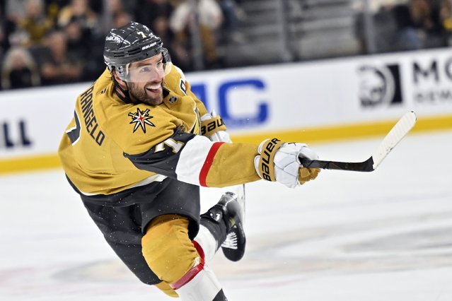 Vegas Golden Knights defenseman Alex Pietrangelo takes a shot against the St. Louis Blues during the second period of an NHL hockey game Friday, October 11, 2024, in Las Vegas. (Photo by David Becker/AP Photo)