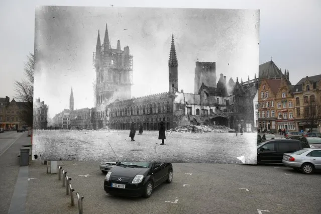 Cars are parked near Les Halles in the Grote Markt on March 10, 2014 in Ypres, Belgium. Inset: Les Halles in the Belgium town of Ypres, the site of three major battles during World War I, and almost completely devastated by bombing, 1915. (Photo by Peter Macdiarmid/Getty Images)