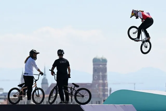 Athletes train at the BMX Freestyle venue in the Olympiapark with the 'Frauenkirche' in the back ahead of the European Championships Munich 2022 at  on August 10, 2022 in Munich, Germany. (Photo by Matthias Hangst/Getty Images)
