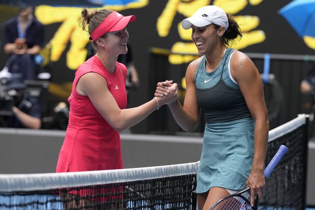 Madison Keys, right, of the U.S. is congratulated by Elina Svitolina of Ukraine following their quarterfinal match at the Australian Open tennis championship in Melbourne, Australia, Wednesday, January 22, 2025. (Photo by Manish Swarup/AP Photo)