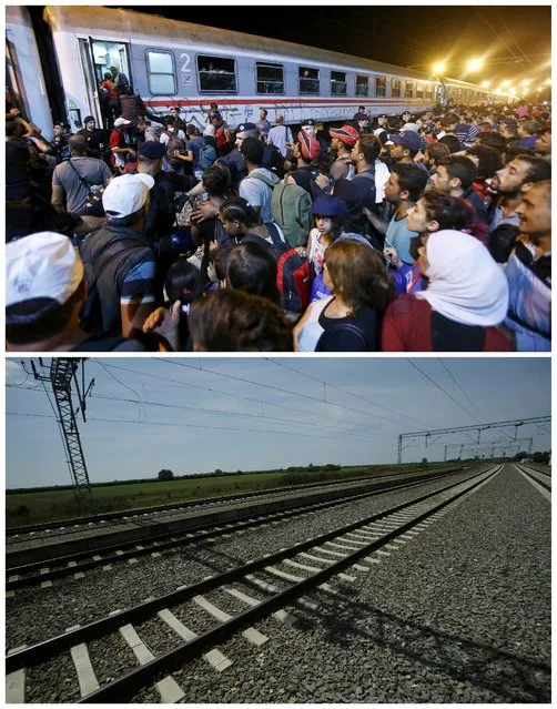 A combination picture shows migrants waiting to board a train at a train station in Tovarnik, Croatia, September 18, 2015 (top) and the same location May 27, 2016. (Photo by Antonio Bronic/Reuters)