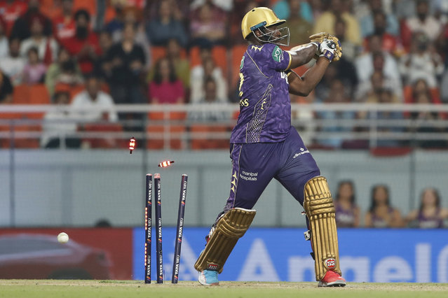 Kolkata Knight Riders' Andre Russell is bowled out by Punjab Kings' Marco Jansen during the Indian Premier League cricket match between Punjab Kings and Kolkata Kings Riders at Maharaja Yadavindra Singh Cricket Stadium in Mohali, India, Tuesday, April 15, 2025. (Photo by Surjeet Yadav/AP Photo)