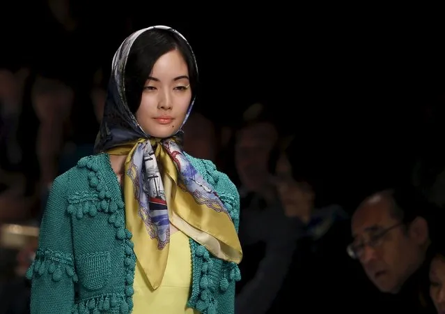 A model presents a creation by designer Keita Maruyama from his Spring/Summer 2016 collection for his brand KEITA MARUYAMA during Tokyo Fashion Week in Tokyo, Japan, October 13, 2015. (Photo by Yuya Shino/Reuters)