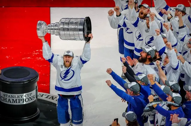Tampa Bay Lightning center Steven Stamkos (91) hoists the Stanley Cup after defeating the Dallas Stars in Edmonton, Alberta, on Monday, Sept. 28, 2020. (Photo by Perry Nelson/USA TODAY Sports)