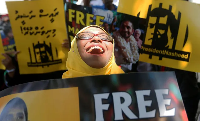 A supporter of former Maldivian president Mohamed Nasheed shouts slogans during a protest against the current president of the Maldives Abdulla Yameen, demanding the release of opposition political prisoners in front of the Maldives embassy in Colombo, Sri Lanka March 6, 2018. (Photo by Dinuka Liyanawatte/Reuters)