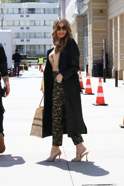 Sofia Vergara is spotted arriving to America's Got Talent in Pasadena on March 26, 2023. The 50 year old Colombian and American actress and model looked fashionable in a long blue trench coat over a beige blouse paired with camouflage pants, beige heels and a Christian Dior handbag. (Photo by The Image Direct)