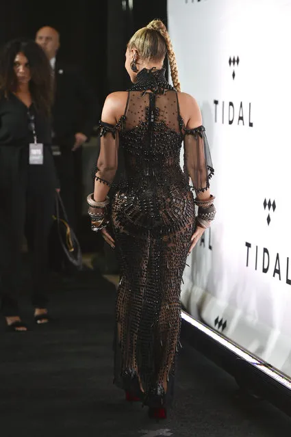 Singer Beyonce Knowles attends the Tidal X: 1015 benefit concert, hosted by Tidal and the Robin Hood Foundation, at the Barclays Center on Saturday, October 15, 2016, in New York. (Photo by Evan Agostini/Invision/AP Photo)