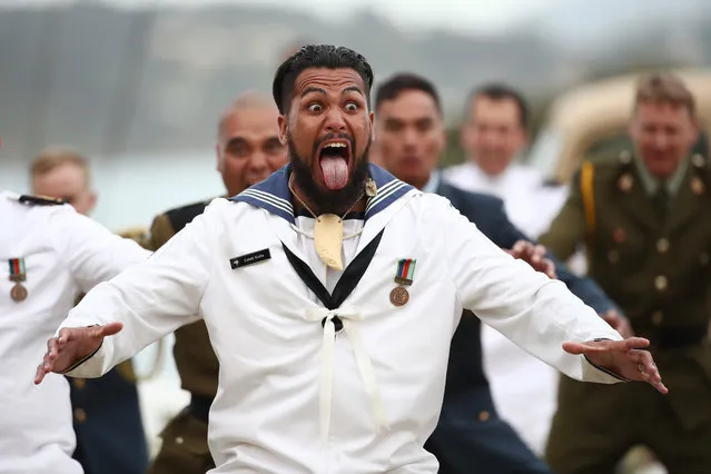 New Zealand Defence Force personal perform a haka during Te Rau Aroha, an evening to commemorate Maori service in the New Zealand Armed Forces on February 05, 2020 in Waitangi, New Zealand. The Waitangi Day national holiday celebrates the signing of the treaty of Waitangi on February 6, 1840 by Maori chiefs and the British Crown, that granted the Maori people the rights of British Citizens and ownership of their lands and other properties. (Photo by Fiona Goodall/Getty Images)