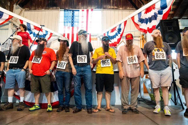 Contestants in the Iowa State Fair's longest beard contest line up on Tuesday, August 13, 2024, in the Pioneer Building at the Iowa State Fairgrounds in Des Moines. (Photo by Cody Scanlan/The Register via USA TODAY Network)