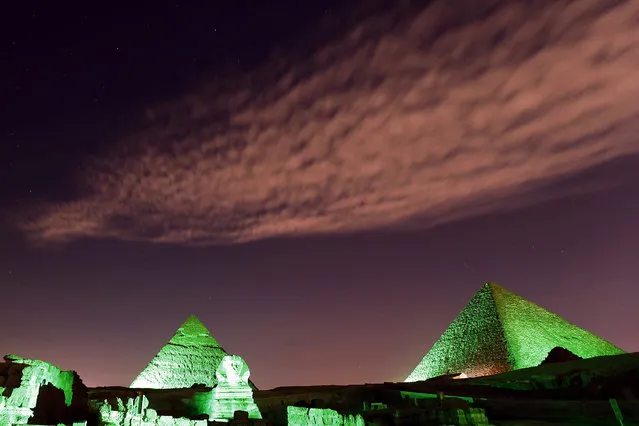The Great Pyramids and Sphinx are lit in green on the occasion of the World Climate Conference held in France, in Giza, Egypt, 30 November 2015. (Photo by Mahmoud Abdel Ghany/EPA)