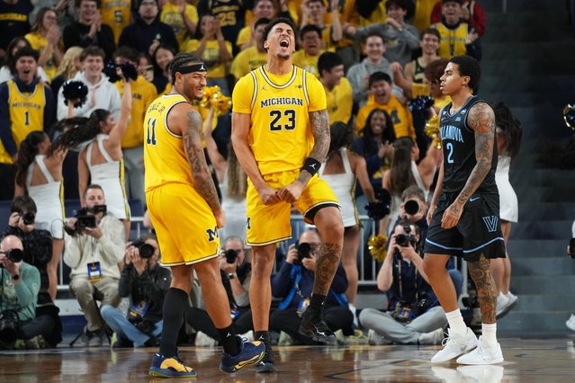 Michigan Wolverines forward Yaxel Lendeborg (23) celebrates a breakaway dunk during the Michigan Wolverines versus the Villanova Wildcats game on Tuesday December 9, 2025 at Crisler Arena in Ann Arbor, MI. (Photo by Steven King/Icon Sportswire via Getty Images)