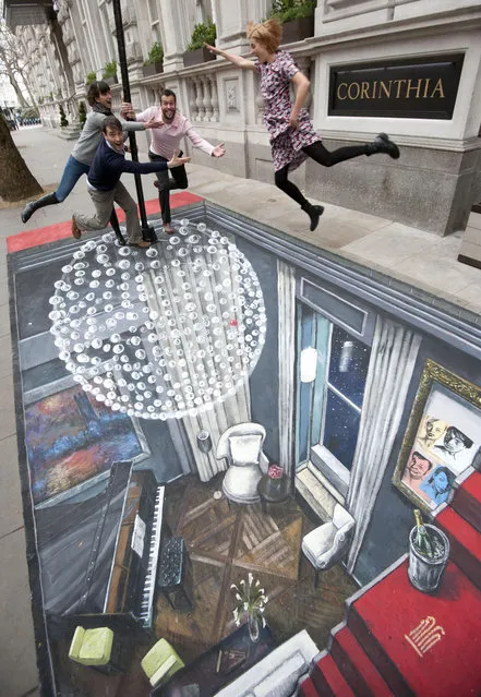 Cast of The Leisure Society, (left to right) Melanie Gray, Ed Stoppard John Schwab and Agyness Deyn pose outside the Corinthia Hotel London on a piece of 3D Street Art created by Joe Hill, who holds the Guinness Book Of Records for the largest 3-D street art and is the show&acirc;&Auml;&ocirc;s Producer. (Photo by Lewis Whyld/PA Images via Getty Images)