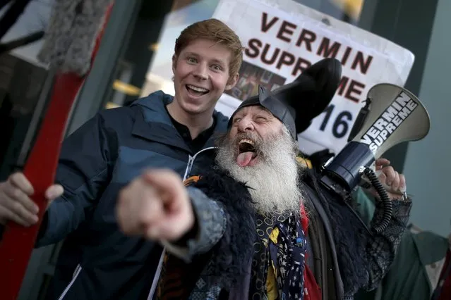Vermin Supreme, a candidate for U.S. president campaigns along Elm Street in downtown Manchester, New Hampshire, February 6, 2016. Vermin Supreme is officially registered as a presidential candidate with the state of New Hampshire for the February 9, 2016 presidential primary election. (Photo by Mike Segar/Reuters)