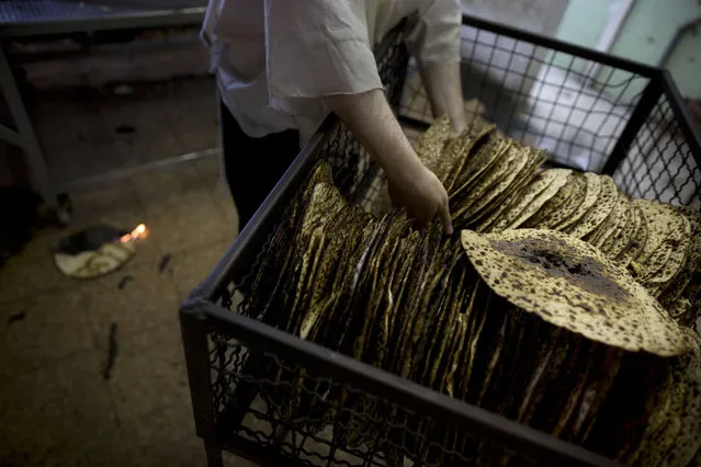 An ultra-Orthodox Jewish man selects special matzoh, a traditional handmade Passover unleavened bread, at a bakery in Bnei Brak near Tel Aviv, Israel. Thursday, April 10, 2014. (Photo by Oded Balilty/AP Photo)