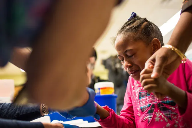 Tears stream down the face of Morgan Walker, age 5 of Flint, as she gets her finger pricked for a lead screening on January 26, 2016 at Eisenhower Elementary School in Flint, Michigan. Free lead screenings are performed for Flint children 6-years-old and younger, one of several events sponsored by Molina Healthcare following the city's water contamination and federal state of emergency. (Photo by Brett Carlsen/Getty Images)
