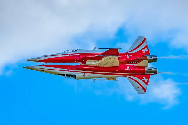 Picture dated October 8th, 2022 shows Patrouille Suisse, the official Swiss Air Force jet aerobatic display team flying at Duxford Flying Finale in Cambridgeshire, the final airshow of the season. (Photo by Caroline Haycock/Bav Media)