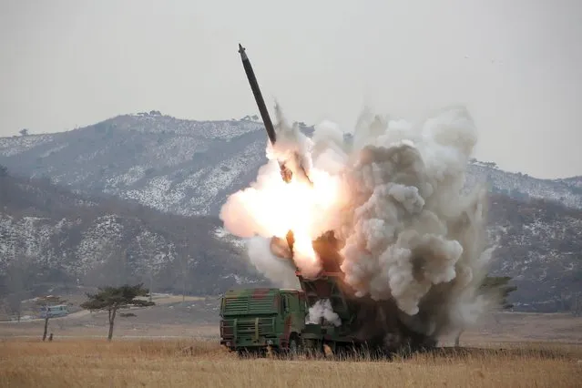 A new multiple launch rocket system is test fired in this undated photo released by North Korea's Korean Central News Agency (KCNA) in Pyongyang March 4, 2016. (Photo by Reuters/KCNA)
