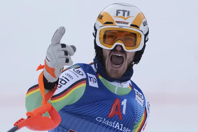 Germany's Linus Strasser celebrates at the finish area of an alpine ski, men's World Cup slalom race, in Kitzbuehel, Austria, Sunday, January 21, 2024. (Photo by Giovanni Auletta/AP Photo)