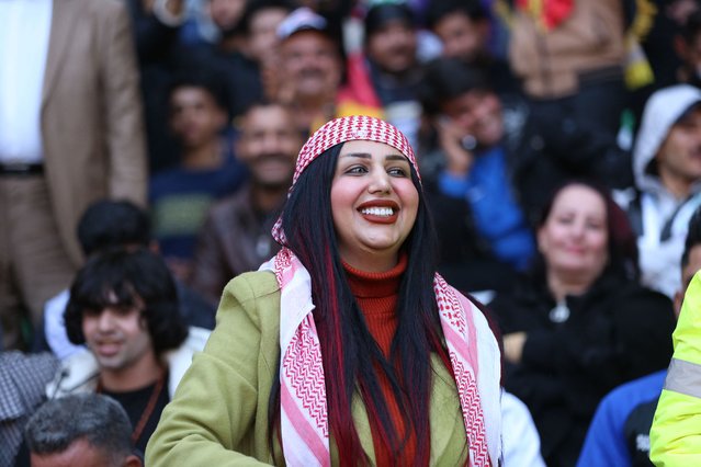 Iraqi TikTok celebrity Om Fahed is pictured at the Basra International Stadium during a match of the Arabian Gulf Cup football tournament on January 19, 2023. A gunman on a motorbike shot dead the well-known Iraqi social media influencer outside her Baghad home on April 26, Iraqi security officials told AFP. (Photo by Hussein Faleh/AFP Photo)