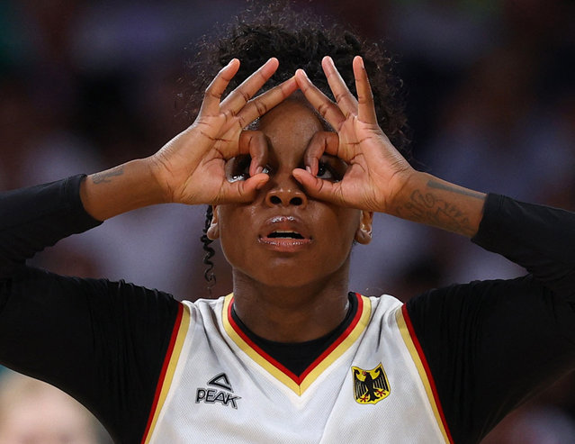 Alexis Peterson celebrates another basket for Germany against Belgium in Villeneve-d'Ascq, France on July 29, 2024. (Photo by Brian Snyder/Reuters)