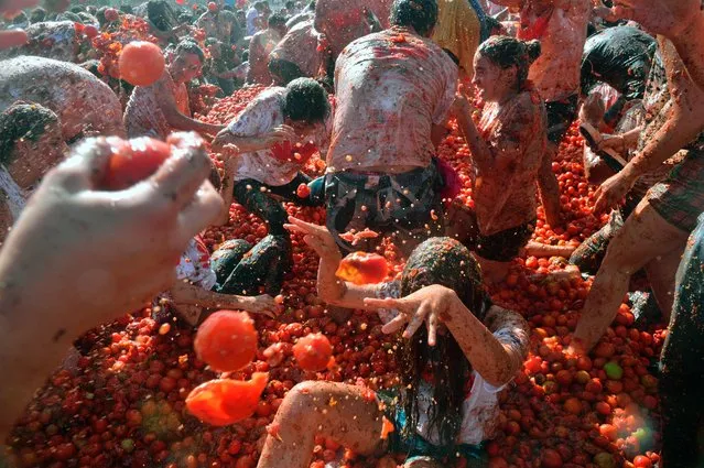 People participate in the tenth annual tomato fight festival, known as “tomatina”, in Sutamarchan, Boyaca department, Colombia, on June 5, 2016. (Photo by Guillermo Legaria/AFP Photo)