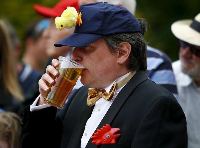 A man drinks beer as he watches the World Championship Hen Racing Championships in Bonsall, Britain, August 1, 2015. (Photo by Darren Staples/Reuters)