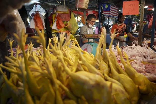 A seller prepares freshly butchered chickens at the Kampung Baru wet market in Kuala Lumpur, Malaysia, Tuesday, May 31, 2022. Malaysia will stop exporting chicken from Wednesday, June 1, in a protectionist move to bolster domestic food supply, sparking distress in neighboring Singapore where chicken rice is a national dish. (Photo by Vincent Thian/AP Photo)