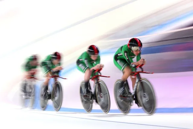 Mia Griffin, Emily Kay, Kelly Murphy and Alice Sharpe of Ireland compete in the Women's Team Pursuit Qualifying during the cycling track competition on day 1 of the European Championships Munich 2022 at Messe Muenchen on August 11, 2022 in Munich, Germany. (Photo by Alexander Hassenstein/Getty Images)