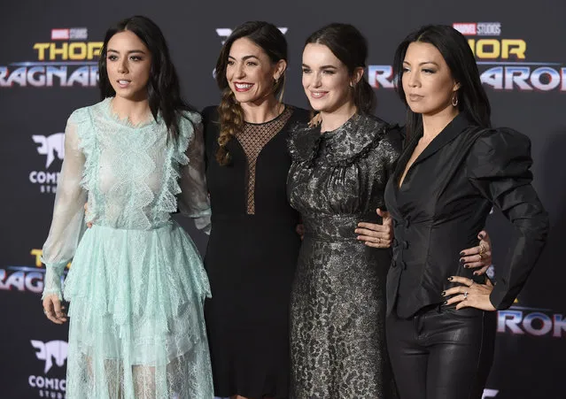 Chloe Bennet, from left, Natalia Cordova-Buckley, Elizabeth Henstridge and Ming-Na Wen arrive at the world premiere of “Thor: Ragnarok” at the El Capitan Theatre on Tuesday, October 10, 2017, in Los Angeles. (Photo by Chris Pizzello/Invision/AP Photo)