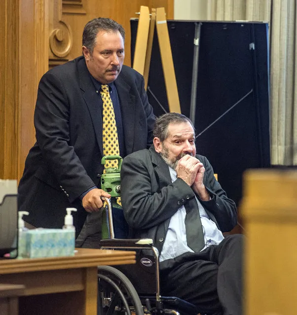 Frazier Glenn Miller Jr. is bought into the courtroom during the penalty phase of his murder trial, on Tuesday, September 8, 2015, at the Johnson County Courthouse in Olathe, Kan. A jury recommended the death penalty Tuesday for the white supremacist who fatally shot three people at Jewish sites in Kansas last year, just hours after the man told jurors he didn't care what sentence was handed down. (Photo by Allison Long/The Kansas City Star via AP Photo)