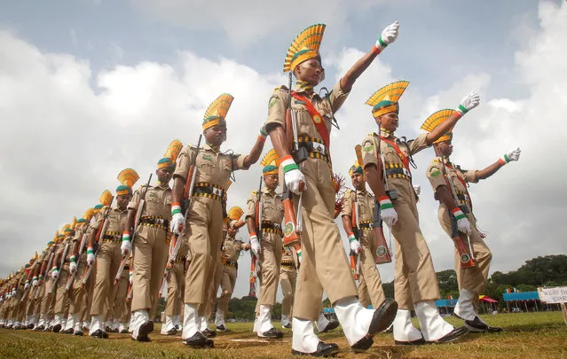 Indian paramilitary soldiers march during the full-dress rehearsal ahead of India's Independence Day celebrations in Agartala, India, August 13, 2016. (Photo by Jayanta Dey/Reuters)