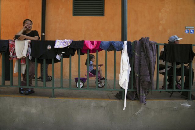 Central American migrants hang out in a courtyard as they wait to be fed, at a government-run Human Mobility Assistance Center in Mexico City, March 24, 2025. (Photo by Marco Ugarte/AP Photo)