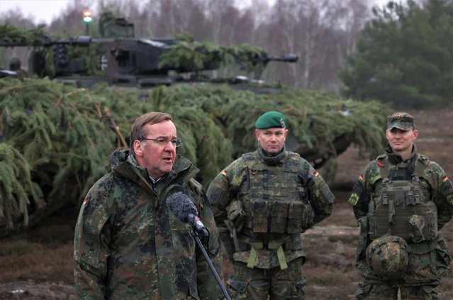 New German Defence Minister Boris Pistorius speaks to the media as he stands in front of Puma infantry fighting vehicles during a visit with troops of Panzergrenadierbataillon 122, a mechanized infantry unit of the Bundeswehr, the German armed forces, at Altengrabow on January 26, 2023 near Moeckern, Germany. Germany has given the green light to supplying Ukraine with heavy tanks. (Photo by Sean Gallup/Getty Images)