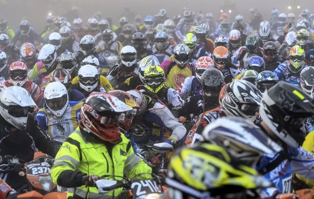 Riders wait for the start of the Gotland Grand National enduro race at Tofta, outside Visby on the island of Gotland, Sweden, October 24, 2015. More than 2,500 riders competed in this year's Gotland Grand National, the largest enduro race in the world, held on Oct. 23-24. (Photo by Maja Suslin/Reuters/TT News Agency)