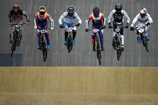 (L-R)  Pieter Van Lankveld, Jay Schippers, Ynze Oegema, Justin Kimmann, Teun Kivit and Twan Van Gendt compete during the Dutch National BMX Championships at Olympic Training Centre Papendal on October 11, 2020 in Arnhem, Netherlands. (Photo by Dean Mouhtaropoulos/Getty Images)