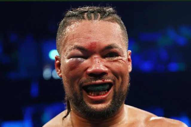 British professional boxer Joe Joyce reacts with a swollen eye after being defeated in the WBO Interim World Heavyweight Title fight between Joe Joyce and Zhilei Zhang at Copper Box Arena on April 15, 2023 in London, England. (Photo by James Chance/Getty Images)